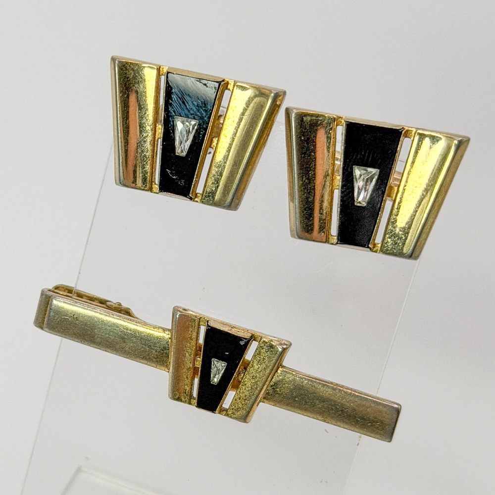 Vintage Anson Cufflinks Tie Bar Set Gold Tone Black Enamel Art Deco Rhinestone